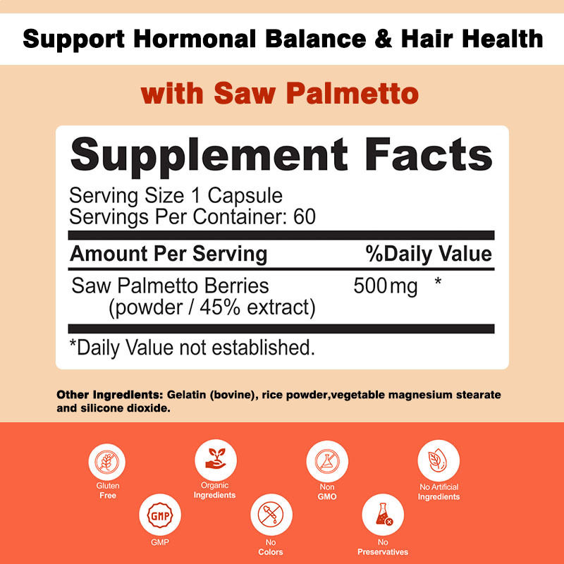 Μη ΓΤΟ Καψούλες Saw Palmetto 500mg Σύνθετη Υποστήριξη Ορμονική ισορροπία Υγεία μαλλιών