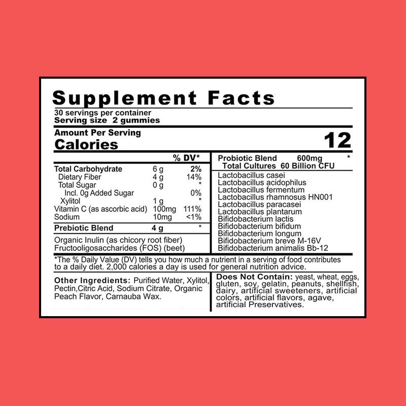 OEM/ODM 4g Πρεβιοτικά Προβιοτικά Γουμάρες 60 δισεκατομμύρια CFU Ενισχύτης ανοσίας Ενισχύτης υγείας εντέρου με αντιοξειδωτικές ιδιότητες Ενήλικες