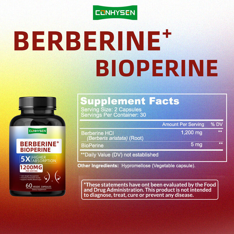 Υψηλής ποιότητας Berberine HCI Συμπληρώματα ριζών Καψάκια, υγιεινή διαχείριση βάρους Berberine Bioperine Καψάκια Διατροφικές ίνες